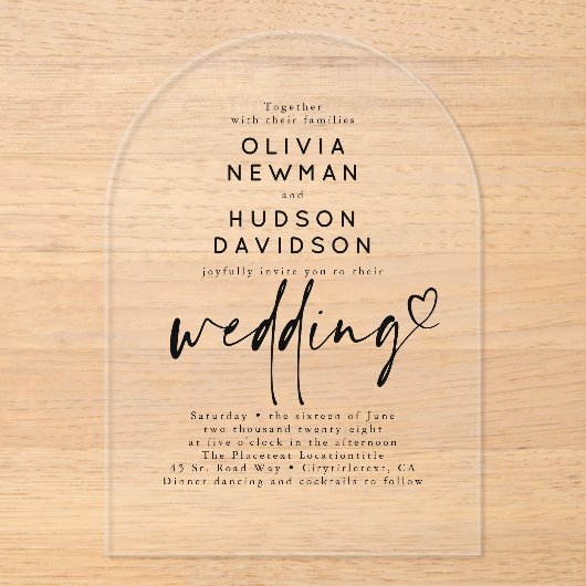 シックモダンミニマルハート結婚タイポグラフィ アクリル招待状 (正面)