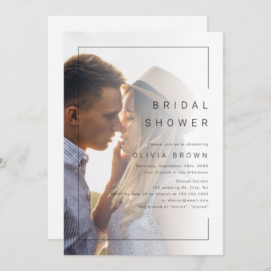 シックモダンミニマル写真ブライダルシャワー 招待状 (正面/裏面)