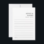 シックモダンミニマ結婚リストの願い アドバイスカード<br><div class="desc">クラシックのエレガンスとシンプルさモダンのダンスで、この白黒のアドバイスカードはデザインと永遠の魅力を混ぜ合わコンテンポラリーせる。ボーホデイトナイトのアイディアと大切な集まりに合わせて制作されたこのカード招待状の各ラインは、共有の旅を導くことを約束する心のこもった知恵。ミニマリストのレイアウトはシックな美意識を反映しており、これらのキープサックは共有された思い出と温かい願いの宝庫であり、友人や家族からの愛と導きのシンボルである。</div>