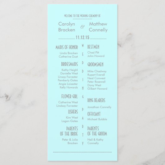 シックモダンミントブルー結婚式 プログラムラックカード プログラム (正面)