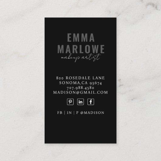 シックモダンメイクアップアーティストブラック 名刺 (裏面)