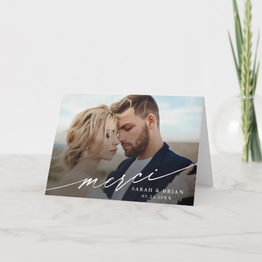 シックモダンメルシースクリプト2写真結婚の折り畳み サンキューカード (正面)