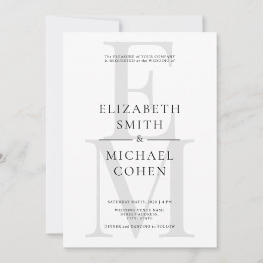 シックモダンモノグラムイニシャル白黒結婚ズ 招待状 (正面)