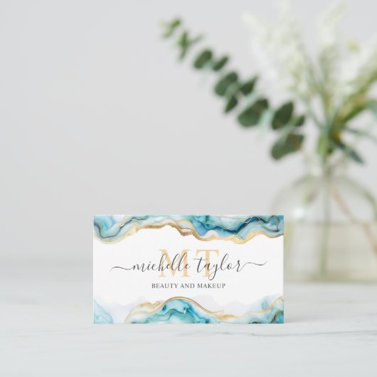 シックモダンモノグラムブルー金ゴールド美しいソーシャルメディア 名刺 (スタンド正面)