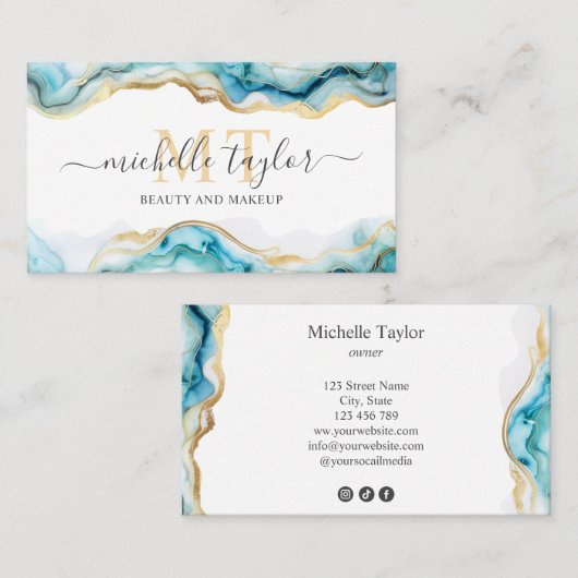 シックモダンモノグラムブルー金ゴールド美しいソーシャルメディア 名刺 (正面/裏面)