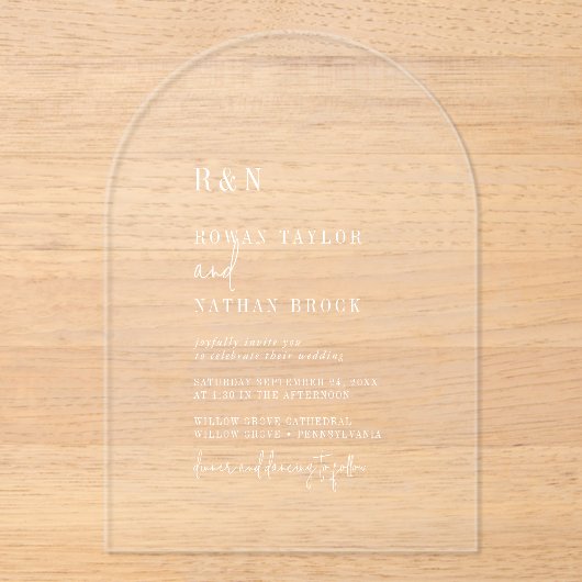 シックモダンモノグラムホワイトアー素朴チ結婚ーズ アクリル招待状 (正面)