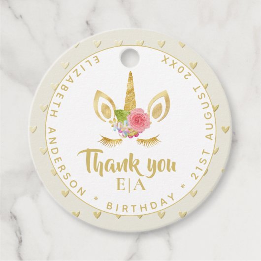 シックモダンユニコーン顔金ゴールドありがとうお名前 フェイバータグ (正面)