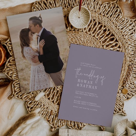 シックモダンラベンダーパープルフォトバック結婚ズ 招待状