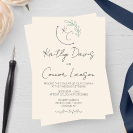 シックモダンリーフモノグラム結婚ズ 招待状