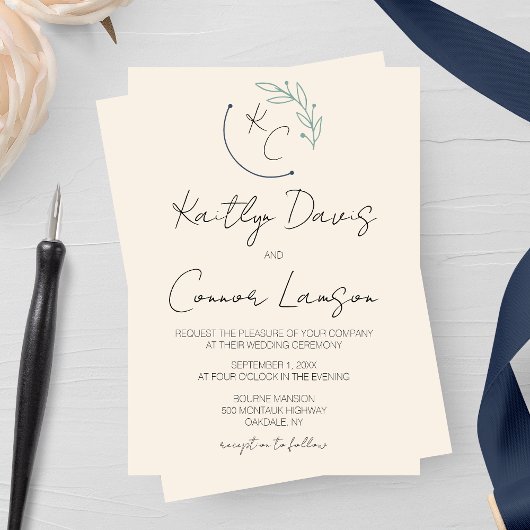 シックモダンリーフモノグラム結婚ズ 招待状