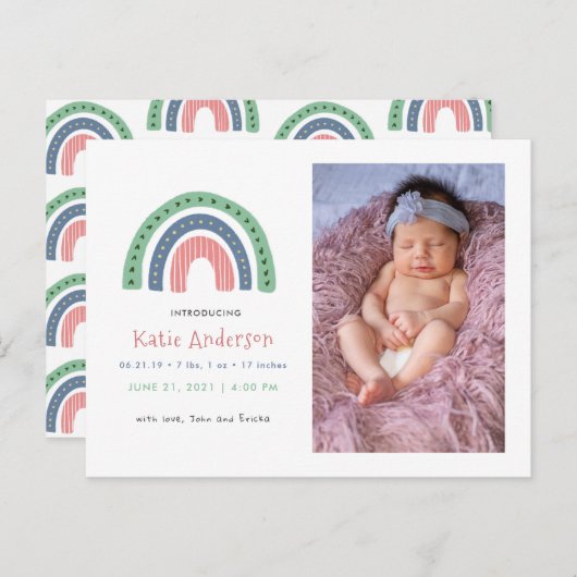 シックモダンレインボー写真誕生のお知らせ インビテーションポストカード (正面/裏面)