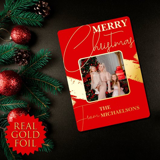 シックモダンレッドタイポグラフィフォトクリスマス金ゴールド 箔シーズンカード
