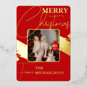 シックモダンレッドタイポグラフィフォトクリスマス金ゴールド 箔シーズンカード (正面)