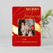 シックモダンレッドタイポグラフィフォトクリスマス金ゴールド 箔シーズンカード (立ち正面)