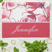 シックモダンレッドトロピカルフローラパーソナライズされた名 キッチンタオル (折り畳み)