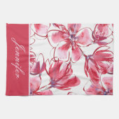 シックモダンレッドトロピカルフローラパーソナライズされた名 キッチンタオル (横)