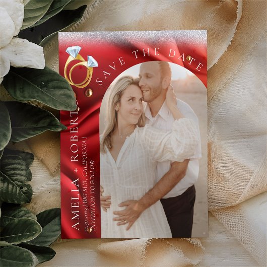 シックモダンレッドベルベット日付の写真カードを保存 チラシ