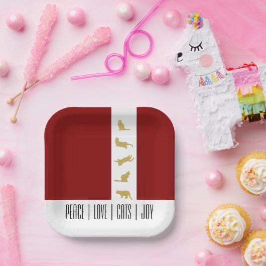 シックモダンレッドホワイト金ゴールドキャットクリスマス ペーパープレート (パーティー)