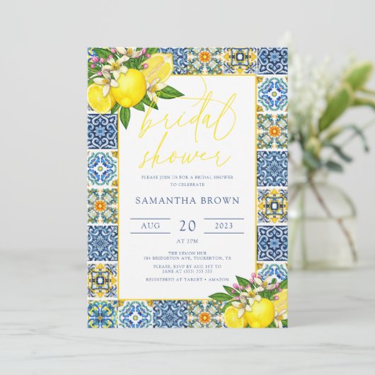 シックモダンレモン地中海のブライダルシャワー 招待状 (スタンド正面)