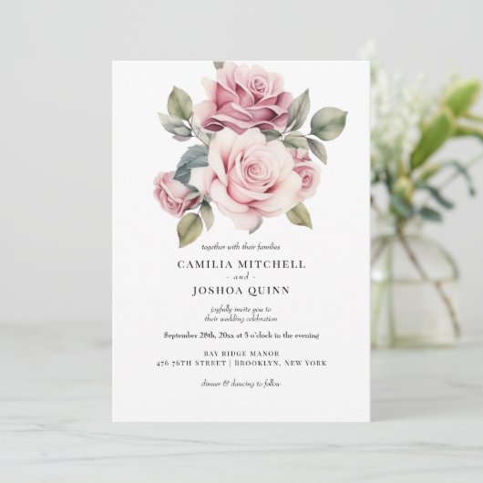 シックモダンロエレガントンロマンチックなピンク結婚ローズ 招待状 (スタンド正面)