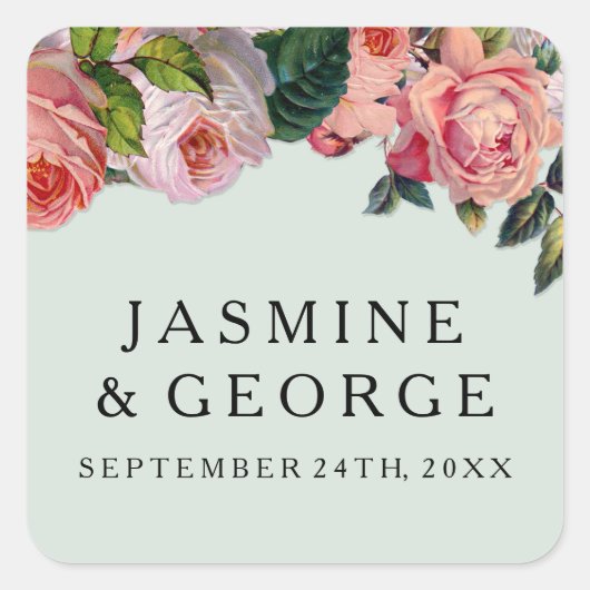 シックモダンワイドストライプバラとミントグリーン スクエアシール (正面)