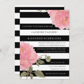 シックモダンワイドストライプフローラピンク牡丹 招待状 (正面/裏面)