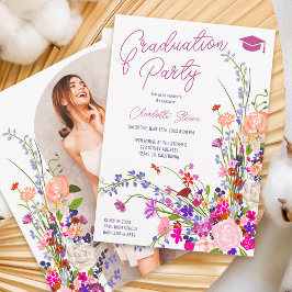 シックモダンワイルドフラワースクリプト写真卒業 招待状