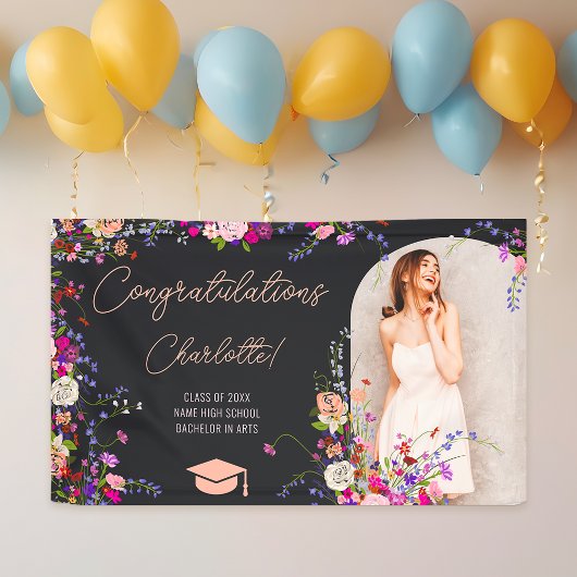 シックモダンワイルドフラワースクリプト写真卒業 横断幕