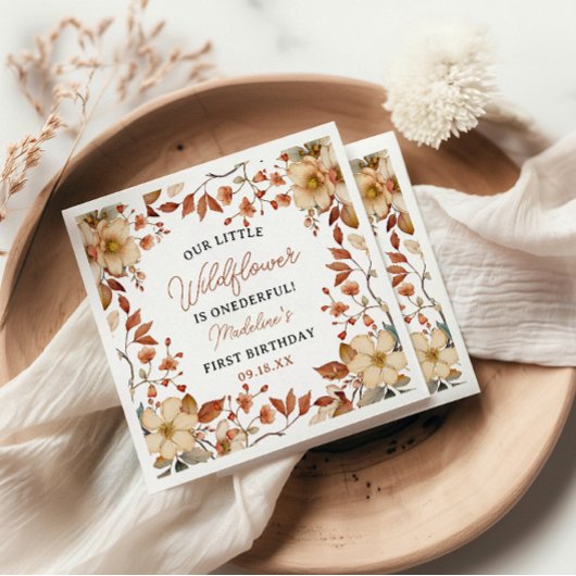 シックモダンワイルドフラワースクリプト1stバースデーガール スタンダードカクテルナプキン
