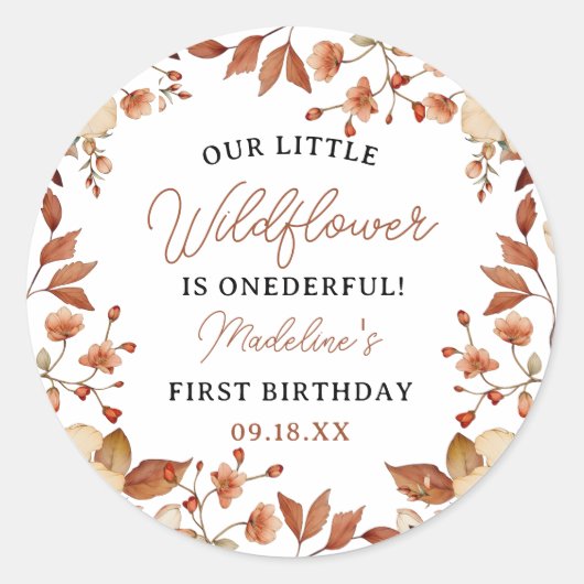 シックモダンワイルドフラワースクリプト1stバースデーガール ラウンドシール (正面)