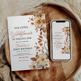 シックモダンワイルドフラワースクリプト1stバースデーガール 招待状