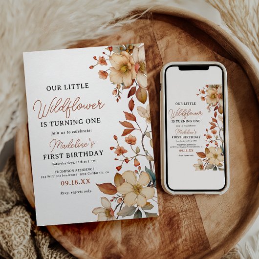 シックモダンワイルドフラワースクリプト1stバースデーガール 招待状