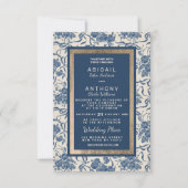 シックモダンヴィンテージアイボリーネイビーブルーフローラズ結婚 招待状 (正面)