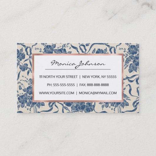 シックモダンヴィンテージアイボリーネイビーブルーフローラルパターン 名刺 (裏面)