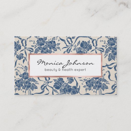 シックモダンヴィンテージアイボリーネイビーブルーフローラルパターン 名刺 (正面)