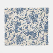 シックモダンヴィンテージアイボリーネービーブルーフローラルパターン フリースブランケット (正面(横))