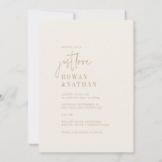 シックモダンヴィンテージ金ゴールドジャスト結婚ラブ 招待状 (正面)