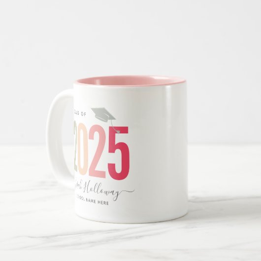 シックモダン卒業式赤面ピンク写真 ツートーンマグカップ (正面左)