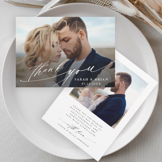 シックモダン書道2フォト結婚ズ サンキューカード