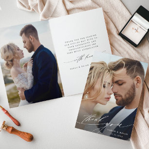シックモダン書道2写真結婚折り畳み サンキューカード