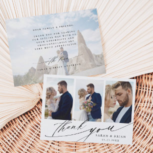 シックモダン書道4フォト結婚ズ サンキューカード