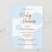 シックモダン水玉模様金ゴールドブルーベビーシャワー 招待状 (正面/裏面)