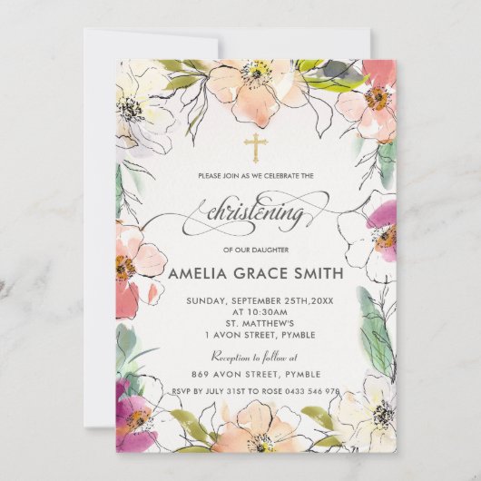 シックモダン水色フローラ《キリスト教》洗礼式や命名式 招待状 (正面)