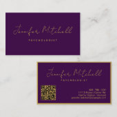シックモダン深いパープル金ゴールドハ書ンドQRコード 名刺 (正面/裏面)
