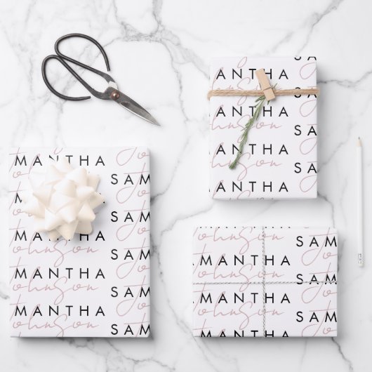 シックモダン白黒ピンク署名スクリプト ラッピングペーパーシート (正面)