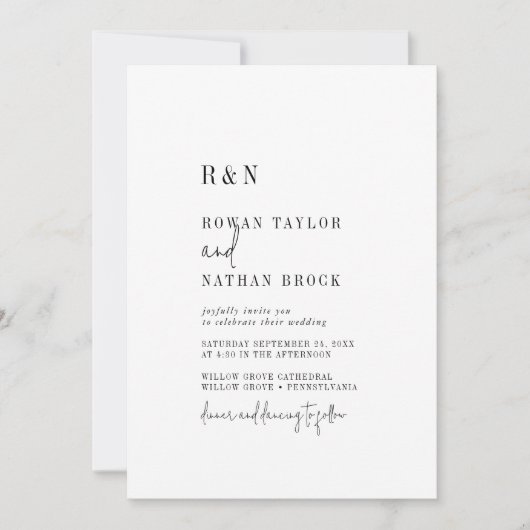 シックモダン白黒モノグラム結婚ズ 招待状 (正面)