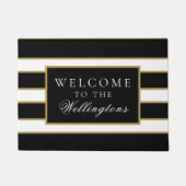 シックモダン白黒金ゴールドストライプのパーソナライズされた ドアマット (正面)