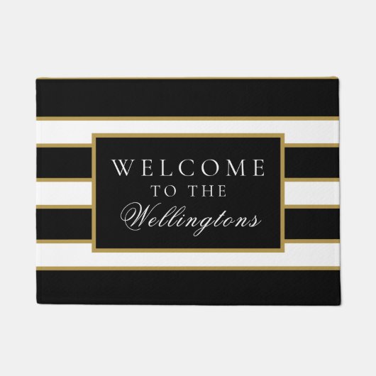 シックモダン白黒金ゴールドストライプのパーソナライズされた ドアマット (正面)