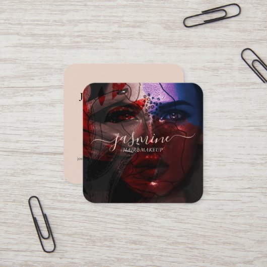 シックモダン美しいクリームベージュカジュアルスクリプトフォト スクエア名刺 (正面/裏面インサイチュ)