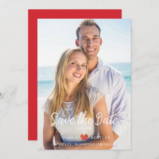 シックモダン赤いハートフォト結婚カップル (正面/裏面)